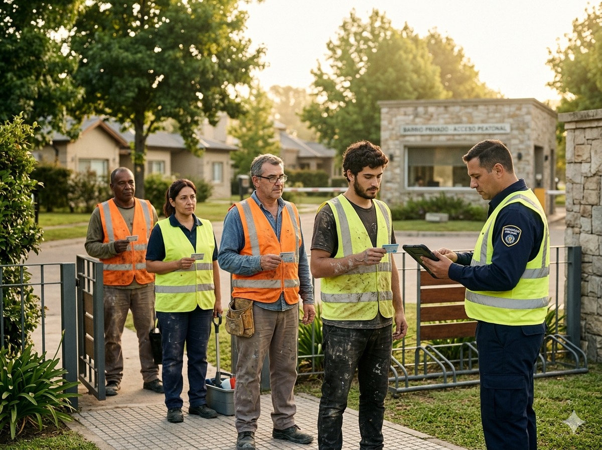 Fila de trabajadores argentinos con DNI en mano y chaleco refractario, guardia controlando con tablet al amanecer